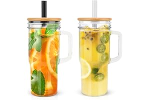 Luxfuel 24oz Wide Mouth Mason Jar Drinking Glasses Tumbler with Handle and Bamboo Lids,Reusable Glass Boba Tea Cup for Smoothie,Iced Coffee,Water,Juice,Kombucha- 2 Pack