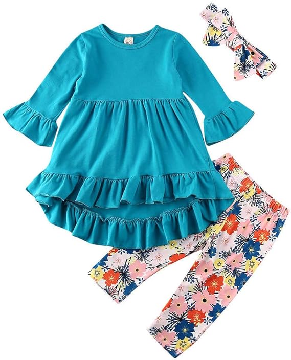 Amazon 上下セット キッズ Regoss レジス キッズ服 女の子 トップス パンツ ヘッドバンド セット長袖 無地 フリル フレアスリーブ Tシャツ 花柄 ロングパンツ 上下セット 柔らかい カジュアル 普段着 春夏 寝間着 安い 子供服 七五三 通園 子供の日 プレゼント 可愛い