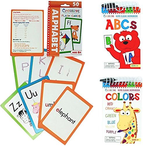 Creative Teaching Materials Set: Alphabet Flash Cards with 2 Early Skills practice workbook - Alphabet and Colors and Orange zipper Letters bag for easy carrying