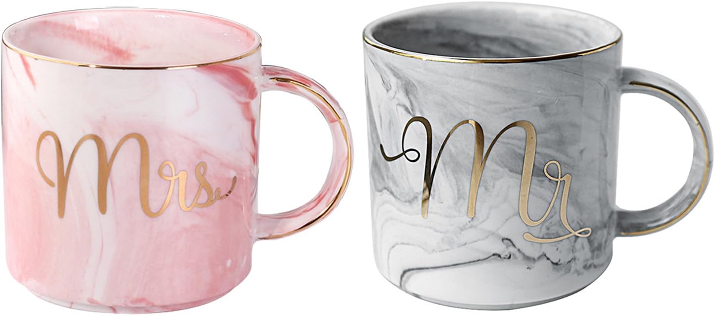 Marble Pattern Gold Edged Mug Set of 2 Grey MR and Pink MRS 12OZ Coffee Cup Tea Mug Couple Gift