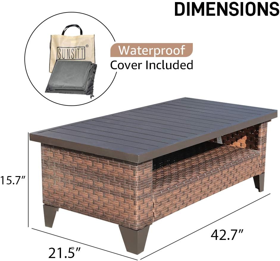 SUNSITT Outdoor Wicker Coffee Table with Waterproof Cover, Brown Synthetic Rattan Wicker Patio Table with Slat Top: Kitchen & Dining