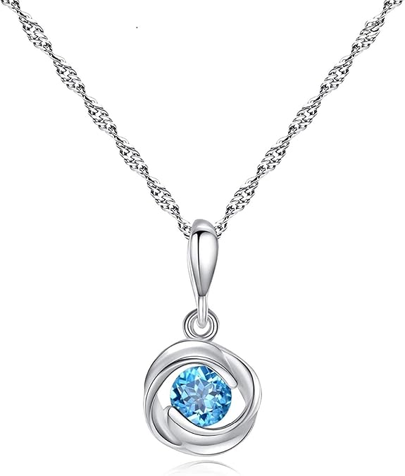 925 Silver Trendy Blue Topaz Pendant Necklace for Women Simple Flower