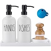 Glass Soap Dispenser for Kitchen, Farmhouse Dish Hand Soap Dispenser Set, Rustproof Pump Dispenser Set with Tray and Dish Brush, Kitchen Decor(White)