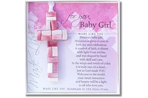 THE GRANDPARENT GIFT CO. Handmade in USA Glass Cross - Welcome New Baby Girl Gift for Baptism/Christening With Sentiment (Pink)