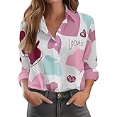 Blouses for Women Dressy Casual Long Sleeve Button Down Valentines Shirts Cute Heart Print Tops Business Work Outfits