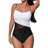 CUPSHE Women's One Piece Swimsuit Bathing Suit Scoop Neck Cutout Back Hook Color Block Mesh Swimwear