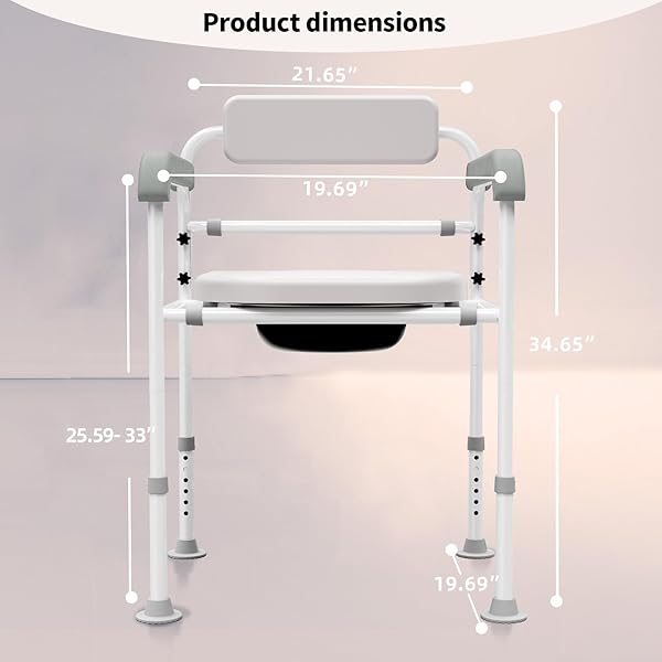 ADJUSTABLE MEDICAL BEDSIDE COMMODE CHAIR WITH PADDED BACKREST, DROP ARM SUPPORT, HEIGHT ADJUSTABLE GREY