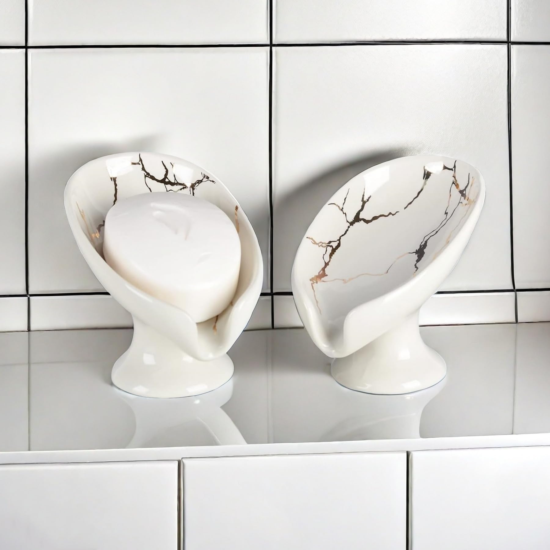 Umlaca Soap Dish Ceramic,Self Draining Soap Holder Keep Soap Dry,Leaf Shape Soap Tray Vintage,Suitable for Kitchen, Bathroom, Shower (White two-piece set)