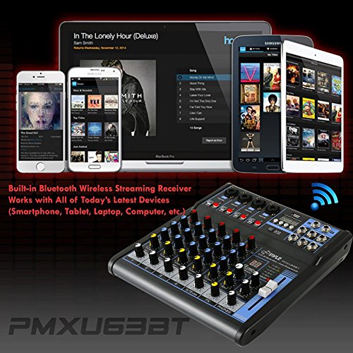 Pyle Professional Audio Mixer Sound Board Console - Desk System Interface with 6 Channel, USB, Bluetooth, Digital MP3 Computer Input, 48V Phantom Power, Stereo DJ Streaming & FX16 Bit DSP-(PMXU63BT)