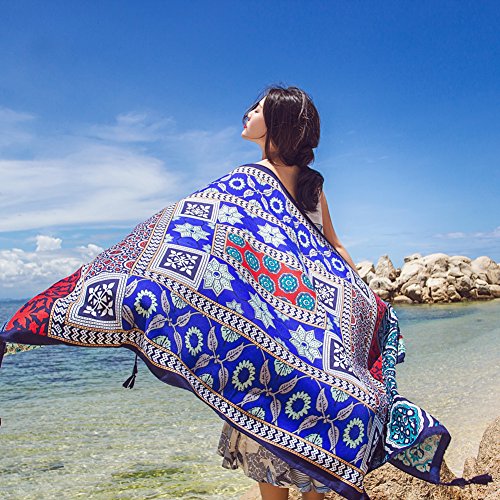 SUNBABY Women Boho Shawl Beach Towels Rectangle Polyester Scarf Travel Sarong Wrap Swimwear Cover Up Beach Mats (Blue Diamond Flower)
