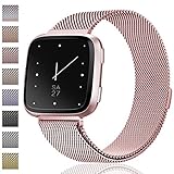 Maledan Metal Bands Replacement Compatible with Fitbit Versa, Stainless Steel Milanese Accessories Bracelet Strap Band with Magnet Lock for Women Men, Rose Gold, Small