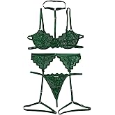 Foxiny Sexy Choker Scallop Underwire Floral Lace Sheer Garter Belt Lingerie Set 3 Piece