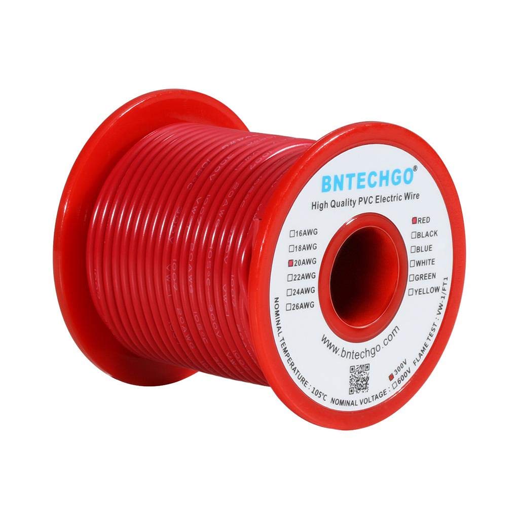 BNTECHGO 20 AWG 1007 Electric wire 20 Gauge PVC 1007 Wire Stranded Wire Hook Up Wire 300V Stranded Tinned Copper Wire Red 100 ft Per Reel For DIY
