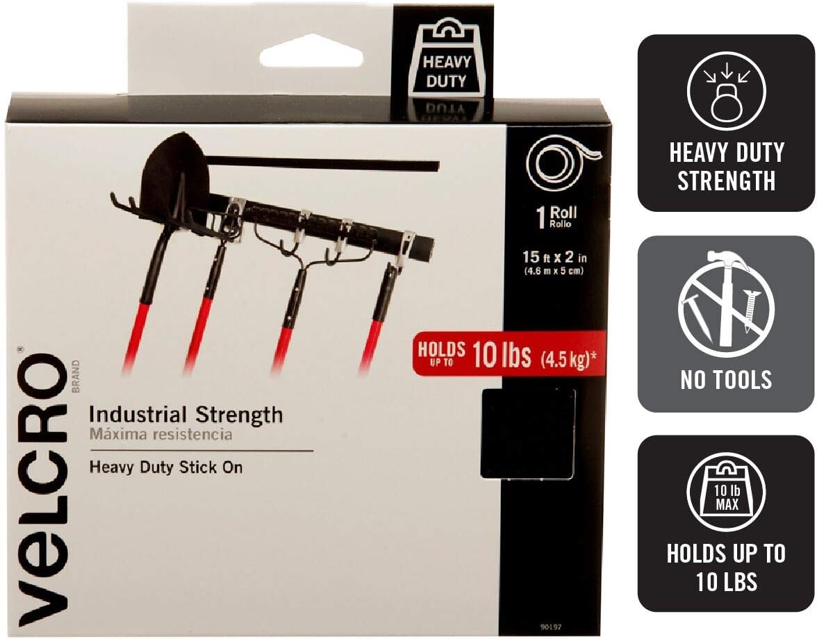 VELCRO Brand Heavy Duty Tape with Adhesive | 15 Ft x 2 In | Holds 10 lbs, Black | Industrial Strength Roll, Cut Strips to Length | Strong Hold for Indoor or Outdoor Use : Mounting Tapes : Office Products