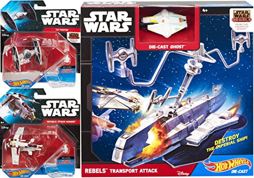 Hot Wheels Star Wars Starship Rebels Transport Attack Play Set & Tie Fighter Rebels + Republic Attack GunShip Set