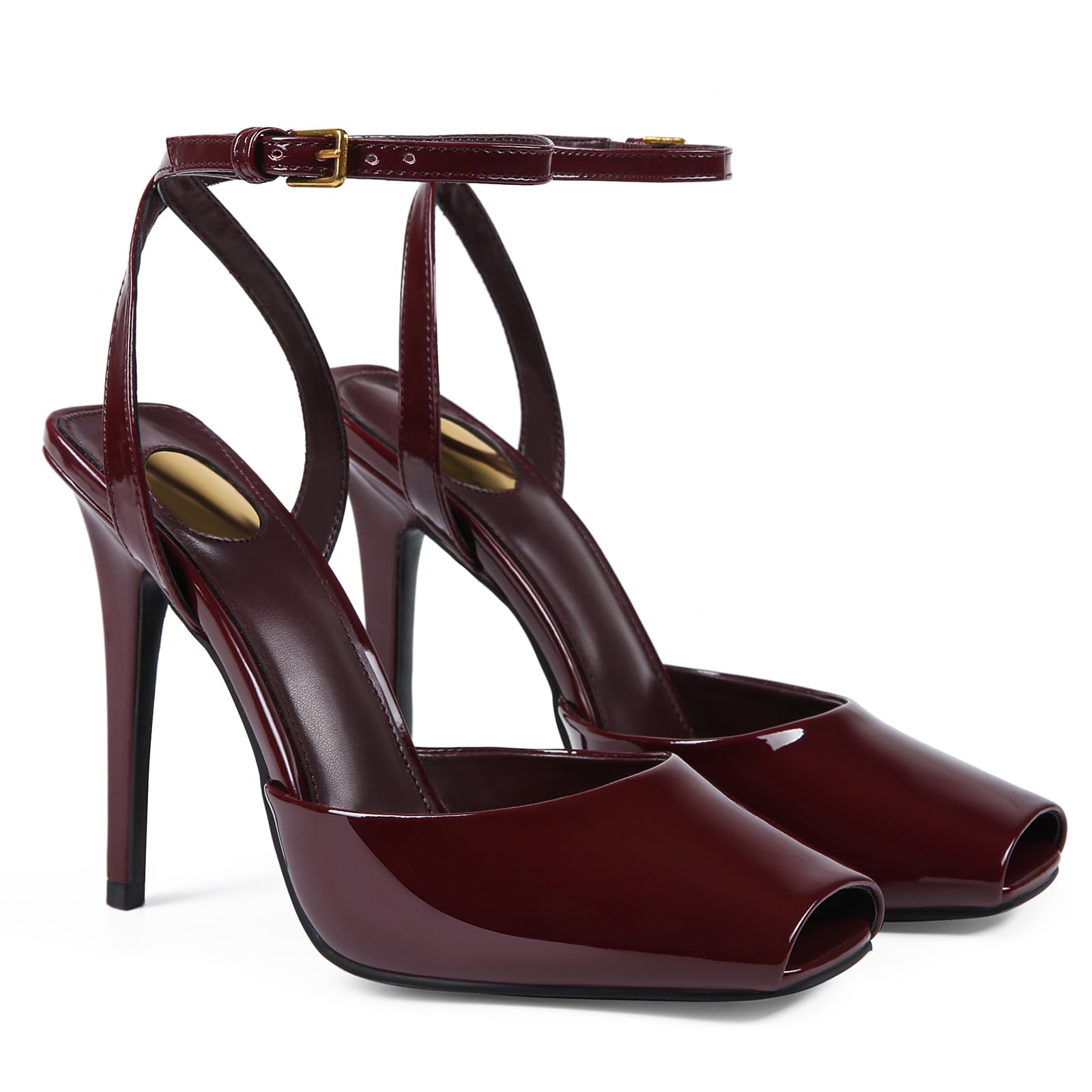 Photo 1 of CAGLGLZ Square Open Toe Heeled Sandals for Women Patent Leather Stiletto High Heels Peep Toe Ankle Strap Backless Pumps Fashion Casual Dressy Party Shoes(Burgundy,7)