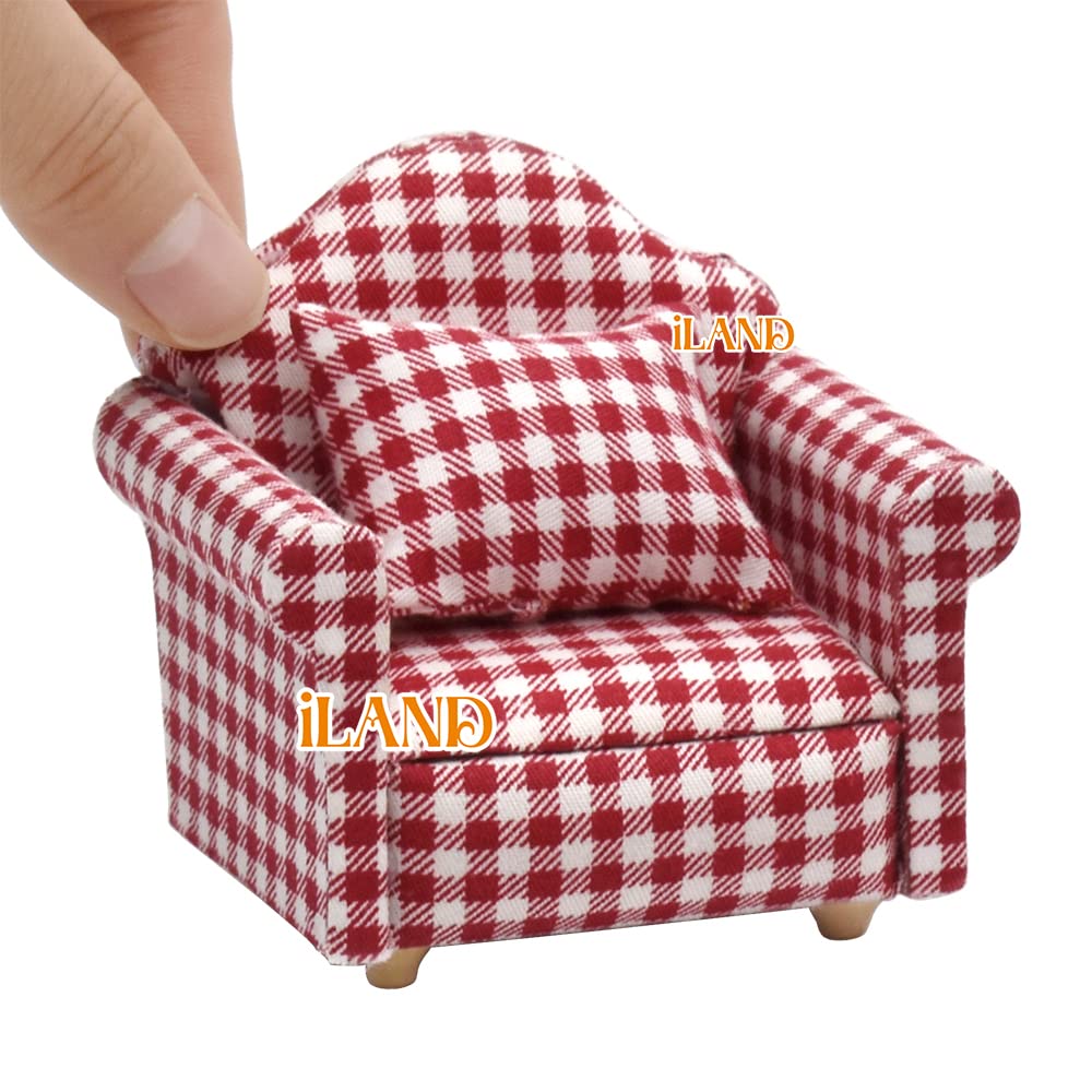 iLAND Cute Kids Toys for Girls 6-8 Lovely Dollhouse Furniture on 1/12 Scale Gingham Doll House Couch Set inc 2 Miniature Sofas 1 End Table 1 Rug Small for Girls