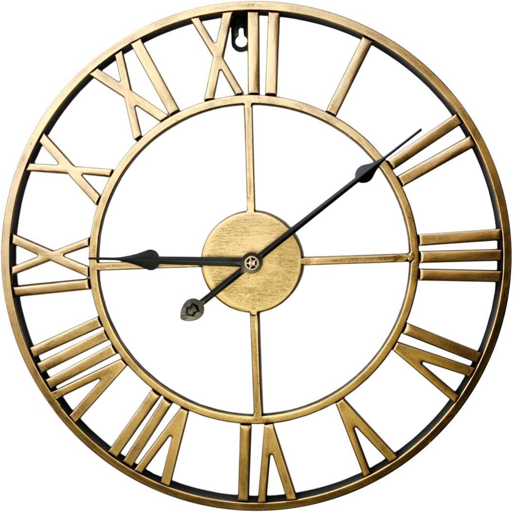 RuiyiF 24 Inch Metal Wall Clock Large Decorative Rustic Farmhouse Oversized, Silent Non-Ticking Battery Operated Kitchen Bedroom Living Room Wall Clock Large Decorative (Gold): Home & Kitchen