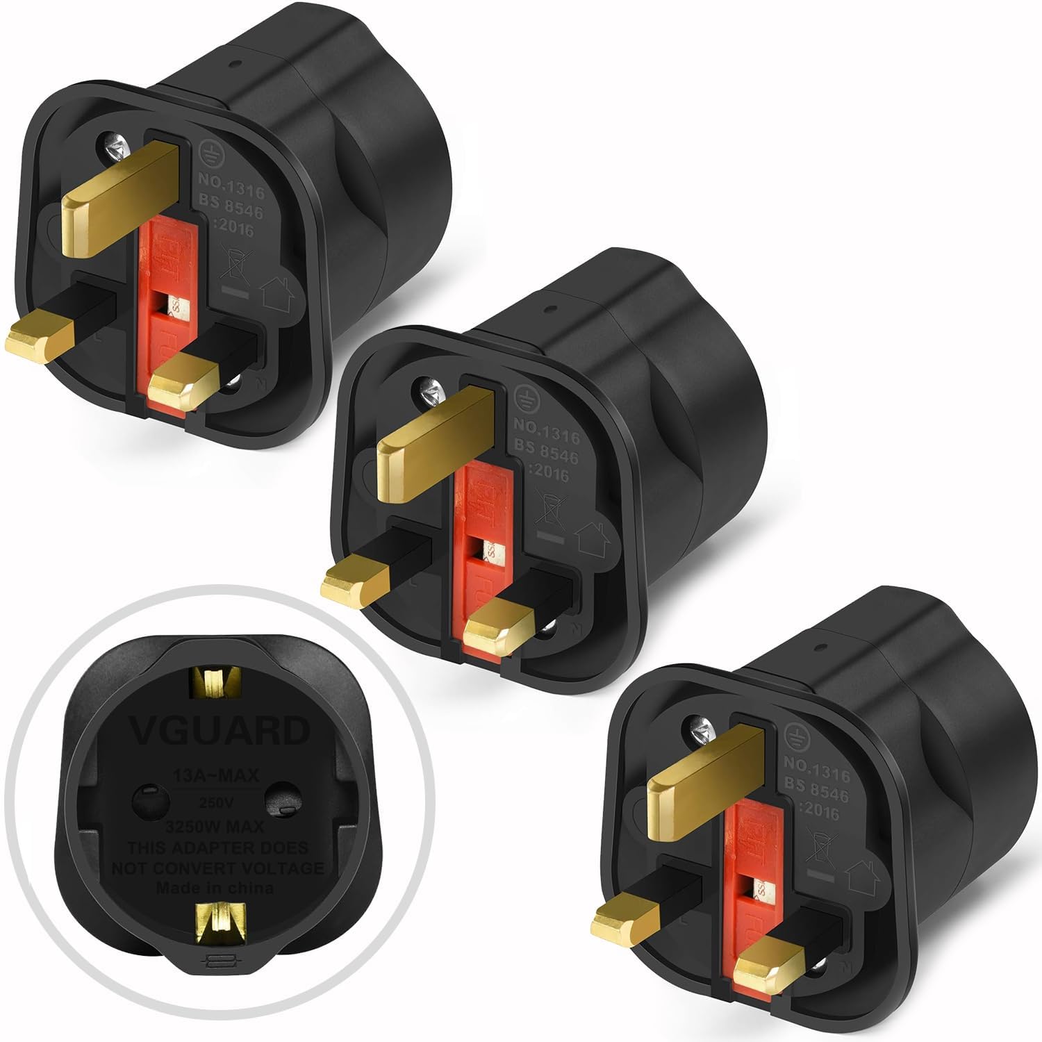 VGUARD European to UK Plug Adapter 3 Pack BS8546 Certified Travel Adapter 2-Pin to 3-Pin, EU Schuko to UK Plug with 13A Fuse for Europe French Spanish German Turkish to UK Socket - Black
