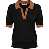Kate Kasin Women Short Sleeve Polo Sweater V Neck Knitted Tops Casual Ribbed Shirt Loose Pullover Sweater