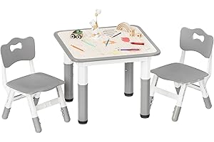 Pterying Kids Table and Chairs Set - 23.6" L x 23.6" W Height Adjustable Toddler Desk, Non-Slip Kids Table with Graffiti Desktop for Ages 2-8, for Home Preschool Classroom Daycare, Grey