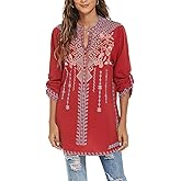 AK Women's Embroidered Tops Mexican Shirt V Neck Summer Casual Tops Peasant Tunic Loose Blouse