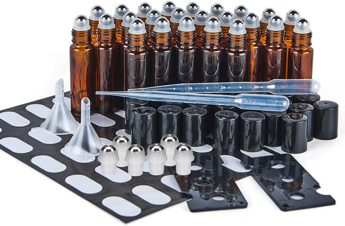 SXUDA Glass Roller Bottles UV Protection 24 Pack 10 ml Amber Essential Oil Roller Bottles with Stainless Steel Roller Balls (2 Dropper, 6 Extra Roller Balls, 2 Bottle Opener, 30 labels)