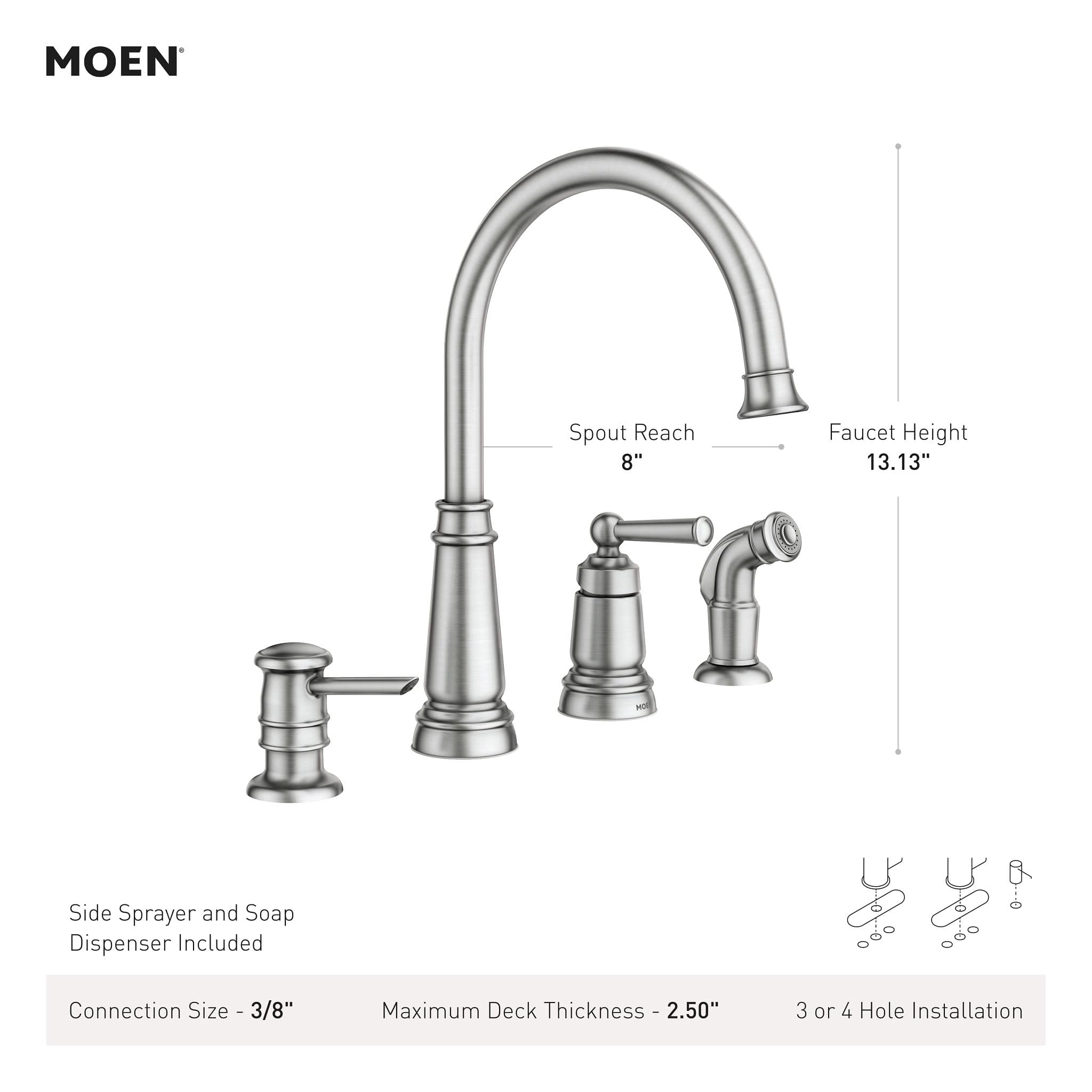 Moen 87042SRS Edison Spot Resist Stainless One-Handle High Arc 4-hole Kitchen Faucet with Side Sprayer and Soap Dispenser