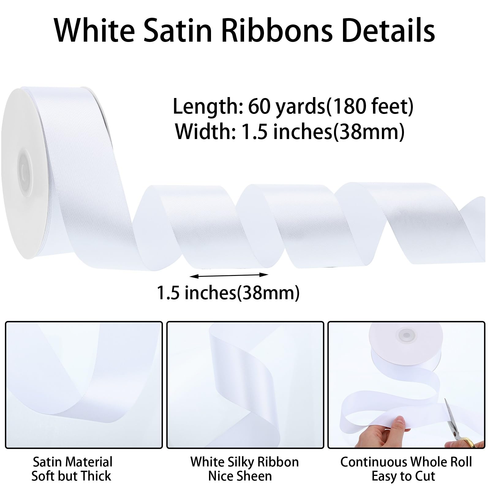 woric White Ribbon 60 Yards 1 1/2 inch White Satin Ribbon Wide Gift Ribbons for Flower Floral Arrangement Gift Wrapping Chair Cheer Bows Wedding Bride Sash Baby Shower Christmas Bedroom Decor