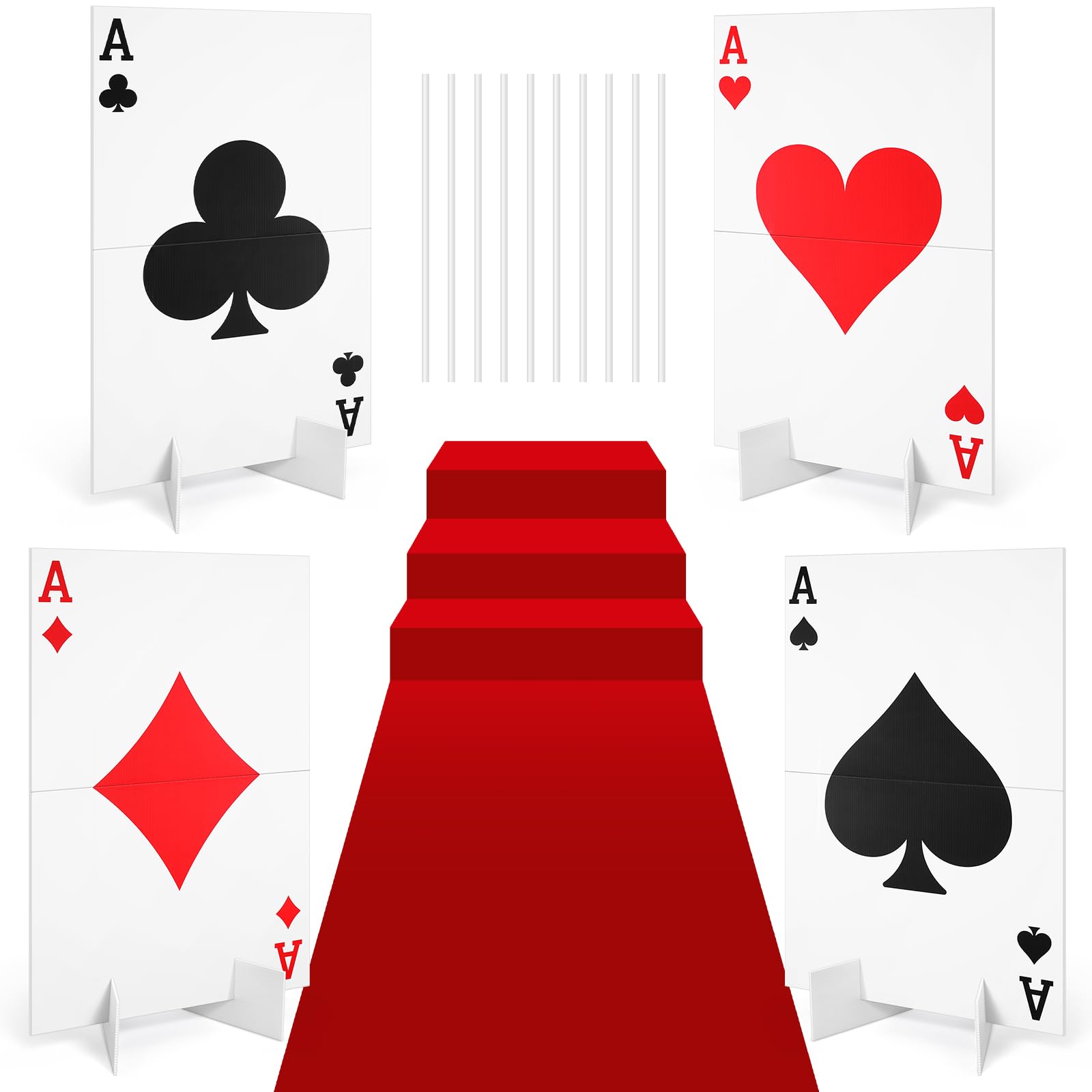 Photo 1 of Reallnaive Casino Theme Party Decoration Giant Poker Yard Sign with Stakes Large Wonderland Lawn Sign for Party to Enter Car Heart Entrance Door Magician Birthday Decor Supplies(4 Sets,4 A)