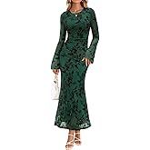 ZESICA Women's Long Sleeve Floral Bodycon Dress 2026 Spring Fall Ruched Mesh Wedding Guest Cocktail Party Maxi Dresses