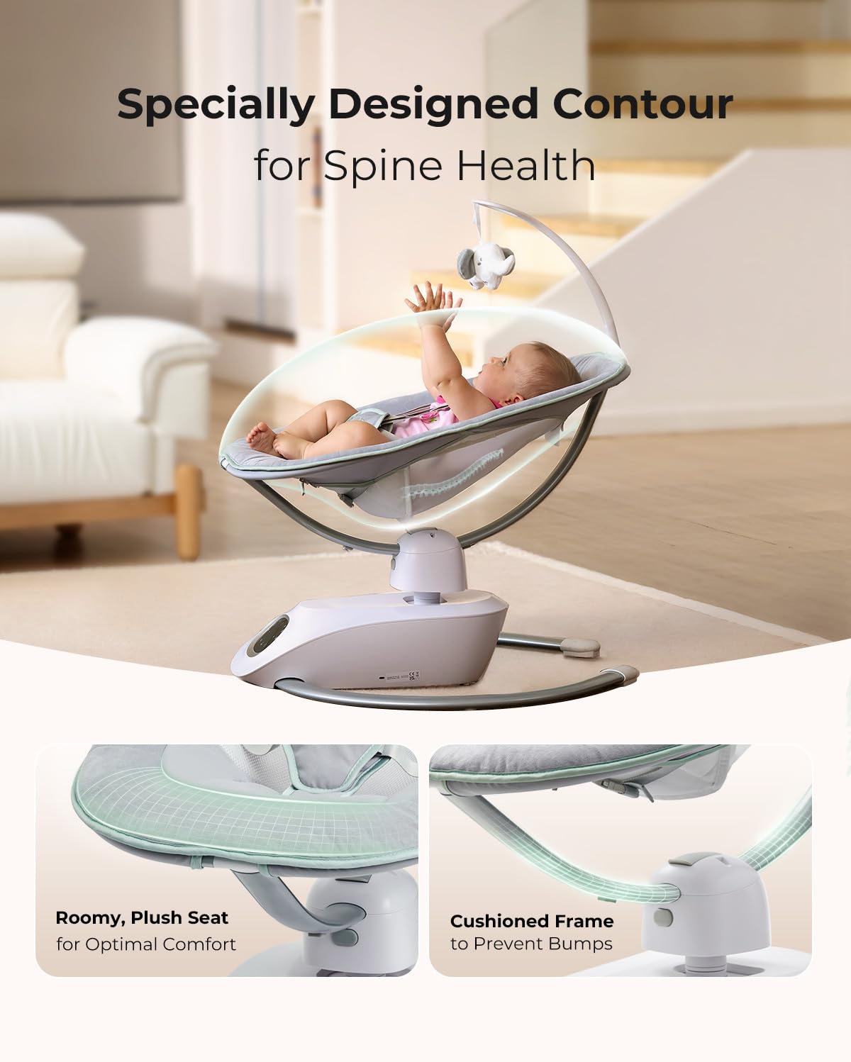 Momcozy CocoSway 3D-Motion Baby Swing for Infants to Toddlers, 6 Motion Modes & 4 Speeds, 180° Rotating Seat, Remote Control, Reclining Seat with 5-Point Harness, 8 Preset Lullabies, Grey