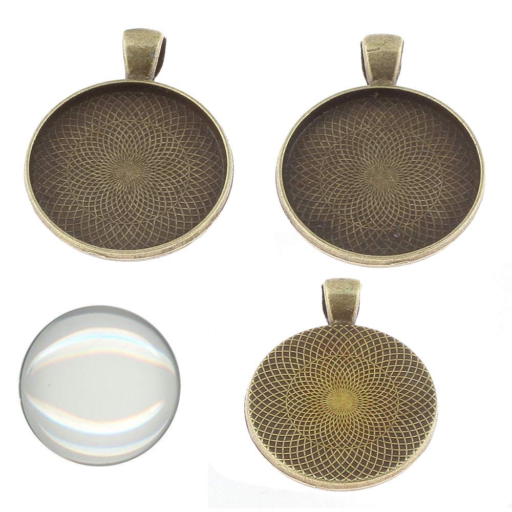 Perlin Set of 6 Medallions Bronze Metal Pendant Settings and 20 mm Round Clear Glass Cabochon Frame Super Look Craft Set (Bronze)