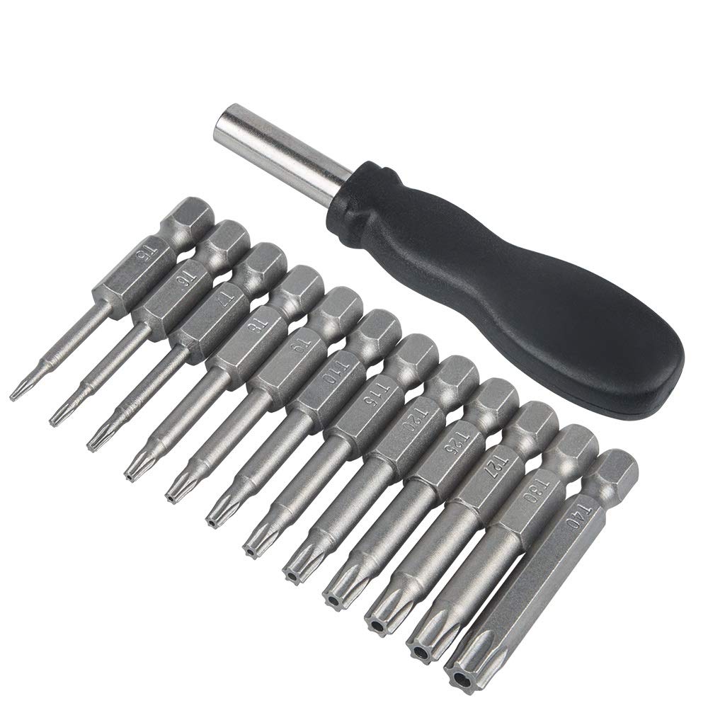 12 Pack 50mm Torx Screwdriver Bit Sets,YuCool 1/4 inch Star Magnetic Screwdriver Security Bit Set T5-T40 S2 Steel Hex Screwdrivers Impact Driver Bits Set with 1 Pack Handle