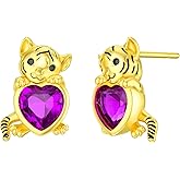 LONAGO Tiger Earrings for Women 925 Sterling Silver Tiger Holding Heart Cut Birthstone Stud Earrings