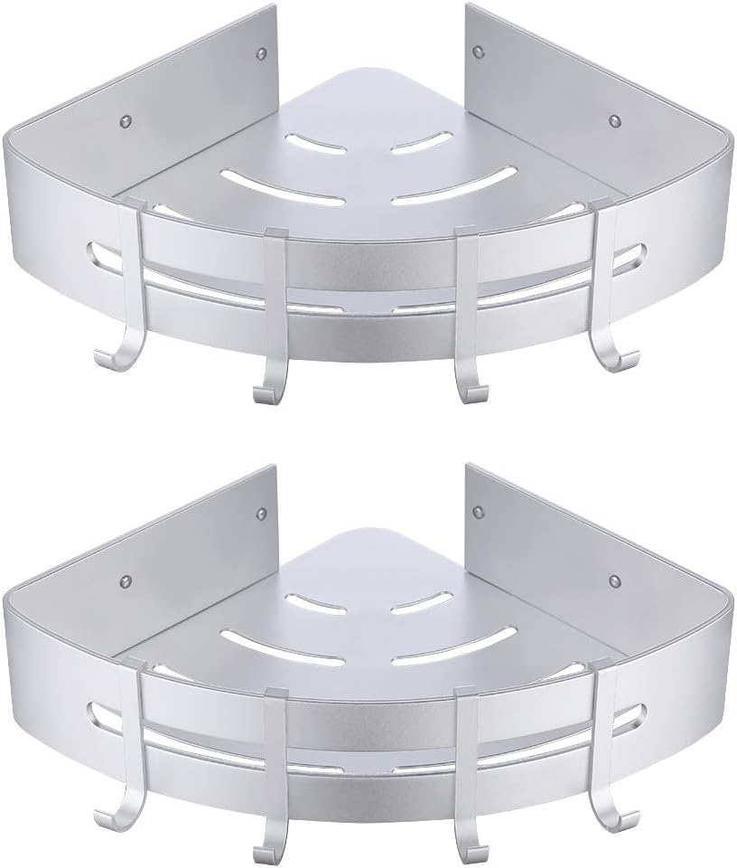 KES Bathroom Corner Shelf with 4 Hooks Shower Caddy Aluminum Rustproof Anodized Silver 2-pack, BSC402DG-P2