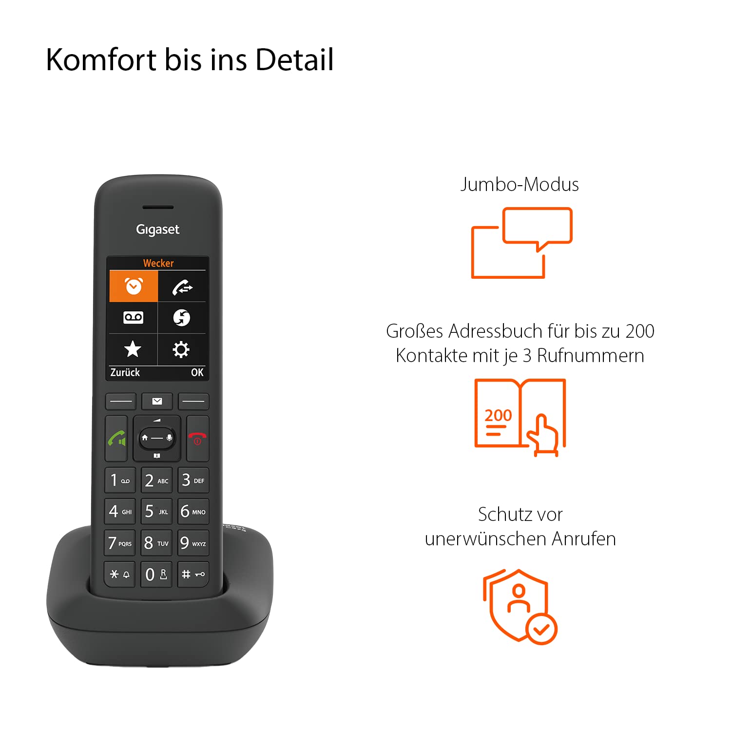 Gigaset C575 - Schnurloses DECT-Telefon - großes Farbdisplay mit moderner Benutzeroberfläche - Adressbuch für 200 Kontakte - Schutz vor unerwünschen Anrufen, schwarz [Deutsche Version]