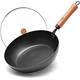 WANGYUANJI 11 Inch Carbon Steel Skillet with Lid-Flat Bottom Frying Pan for Searing & Browning,Nitrided Iron Sauté Pan with Removable Handle-Induction Compatible (No Coating,Cooks Crispier&Juicier)