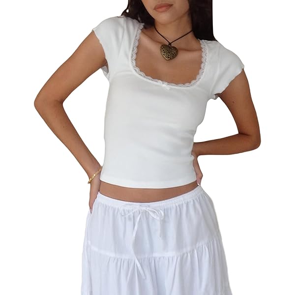 トップス Eyelet Rib Stitch Square-neck T-shirt Eyelet Rib Stitch Square-neck T-shirt - メルカリ