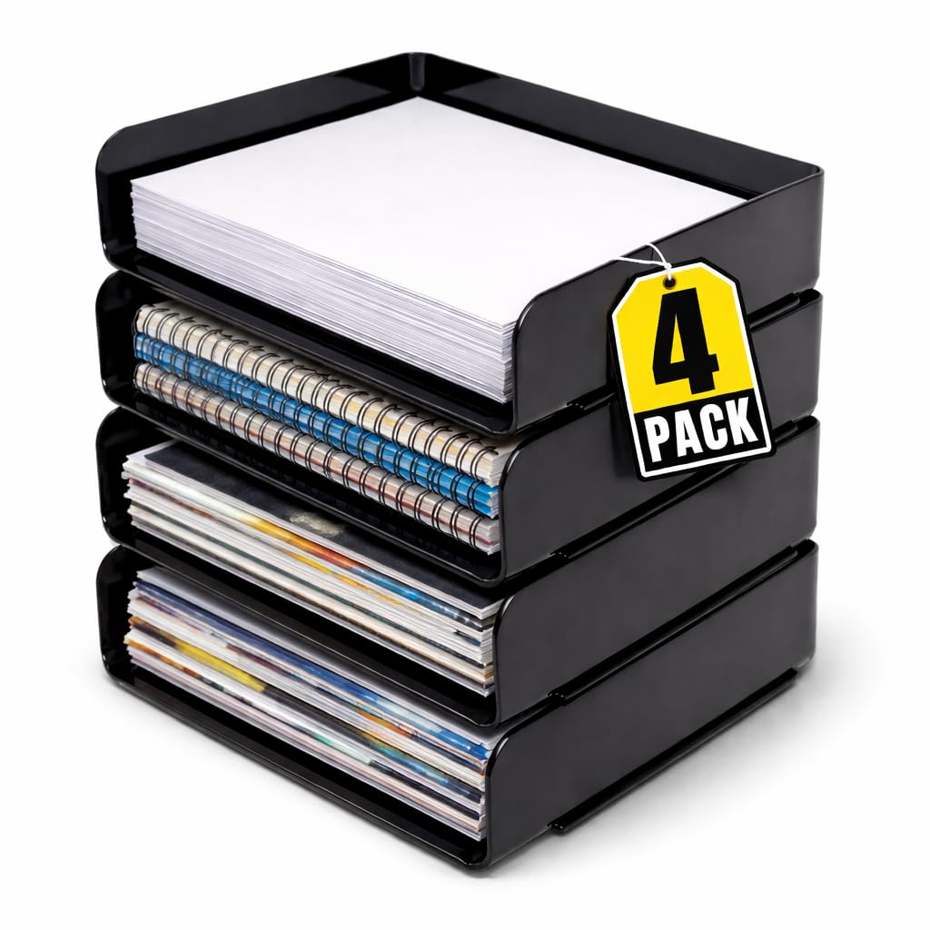 Photo 1 of 1InTheOffice Stackable Paper Tray Organizer, Plastic Letter Tray, Office Desk Tray, Black (4Pack)