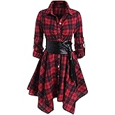 Women Plaid Shirt Dress with PU Waist Belt A-Line High Low Tunic Dresses Elegant Vintage Button Down Dress S-XXL