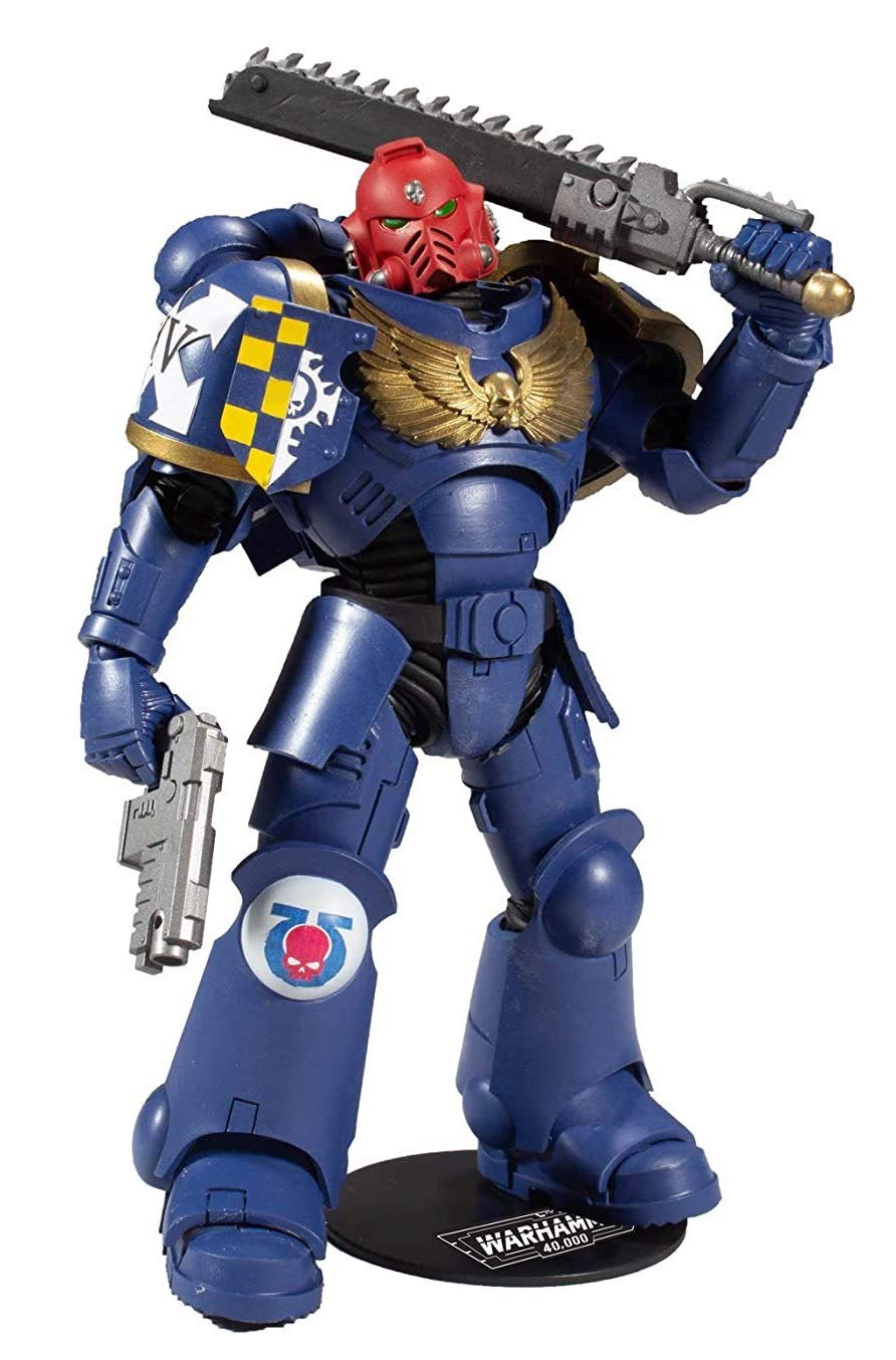 McFarlane Toys, Warhammer 40000 Ultramarines Primaris Assault Intercessor Action Figure with 22 Moving Parts, Collectible Warhammer Figure with collectors stand base – Ages 12+