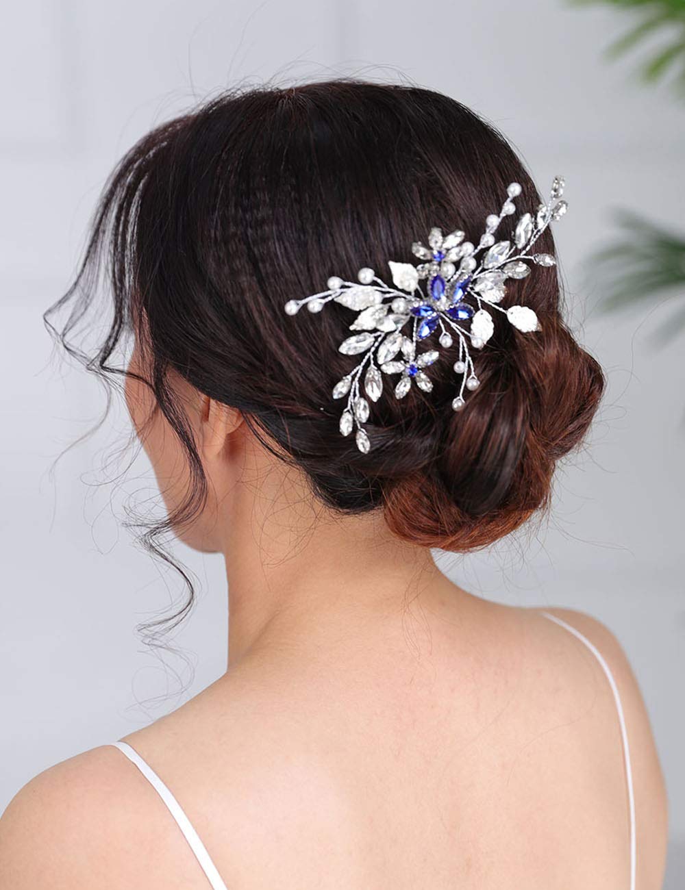 Deniferymakeup Silver Wedding Hair Comb Blue Rhinestone Bridal Hair Accessories Pearl Wedding Hair Piece for Bride and Bridesmaids