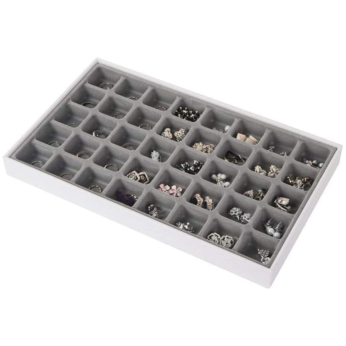 JackCubeDesign 40 Compartments Stackable Leather Jewellery Tray Earring Necklace Bracelet Ring Organiser Display Storage Box(Set of 1, White, 40.6 x 24.4 x 4 cm)- :MK212-2A — image 1