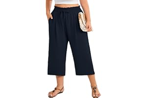 AusLook Plus Size Capri Wide Leg Pants for Women with Pockets High Waisted Elastic Drawstring Summer Casual Cropped Trousers