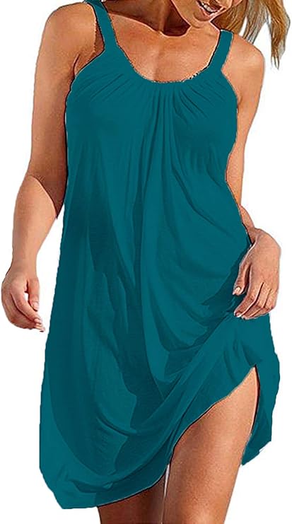Beach Coverups Women's Summer Halter Sleeveless Flowy Short Mini Sun Dresses Cover Ups (Acid Blue, XL) best women's sundresses