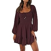 LILLUSORY Women's Long Sleeve Mini Cottagecore Dresses 2026 Fall Outfits Square Neck Casual Flowy Short Dress Fashion
