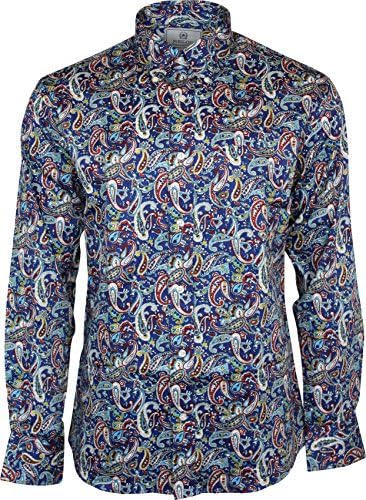 Relco London Men's Paisley Longsleeve Button Down Satin Cotton Shirt XX-Large Navy