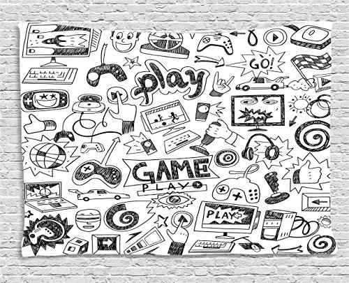Video Games Wall Hanging Tapestry by Ambesonne, Black and White Sketch Style Gaming Design Racing Monitor Device Gadget Teen 90 s , Bedroom Living Room Dorm Decor, 60 W X 40 L Inches, Blak White