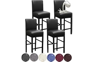 HFCNMY Bar Stool Covers,4 Pack Stretch Waterproof PU Bar Stool Covers with Backs Bar Stool Chair Covers Barstool Covers Slipcovers with Back Pub Counter Stool Chair Covers with Elastic Bands Black